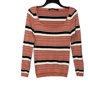 L.A. Knit Collection Square Neckline Women's Pink Black Stripes Sweater Size 2X